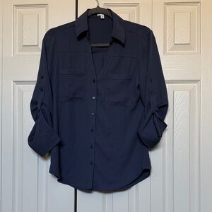 Express Slate Blue Blouse Collared Top with roll up sleeves